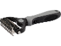 Pet grooming tool with a grey and black handle and metal teeth.