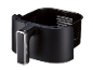 Black air fryer basket with a handle and internal markings.