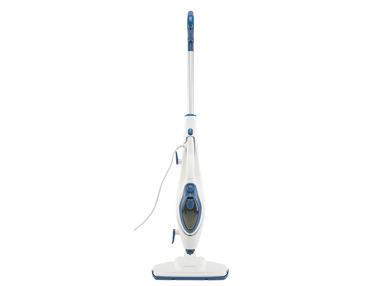 White and blue steam mop for floors with a cord.