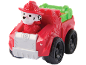 Firefighter puppy toy in red car with green accents.