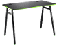 Black gaming desk with green trim and two cable management holes.