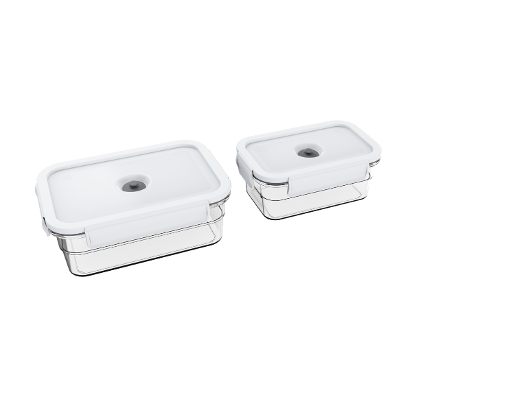 Two rectangular clear food storage containers with white lids and gray valves.