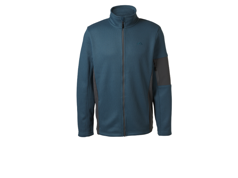 Men's blue and grey full-zip fleece jacket with a small embroidered logo.
