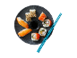 Sushi assortment with salmon, maki, and soy sauce on a grey plate with blue chopsticks.