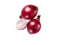 Fresh red onions, one of them cut in half, on a black background.