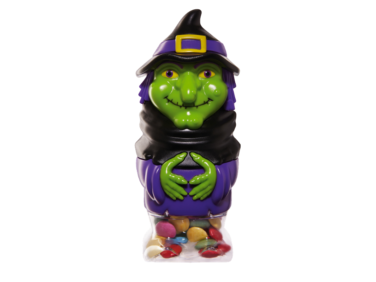 Halloween witch-shaped candy dispenser in green and purple.