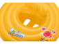 Yellow baby swim float with a seat, featuring 'Swim Safe abc' text and a red crab.