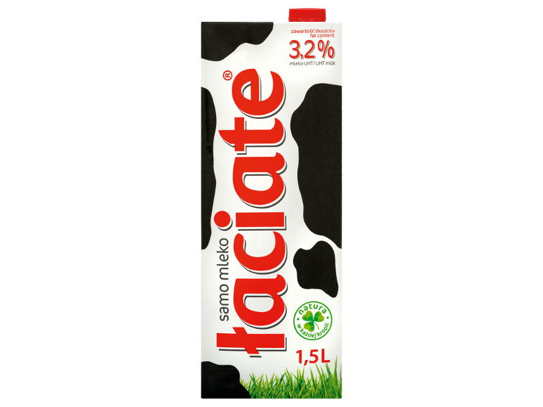UHT milk carton with 3.2% fat content, 1.5L, featuring cow print and grass.