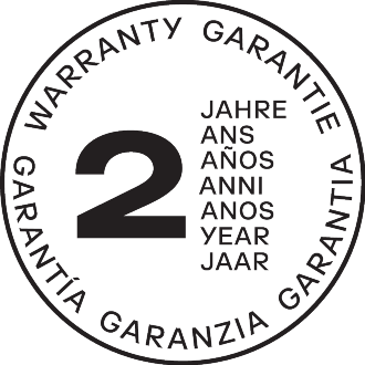 2-year warranty seal in multiple languages.