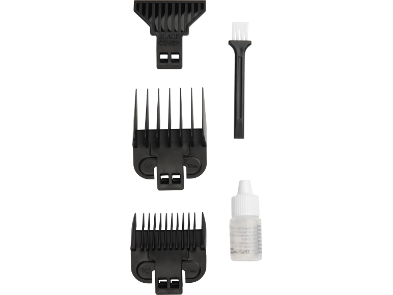 Hair clipper accessory set with 1/2' (12mm) and 1/8' (3mm) combs, blade cover, brush, and oil.