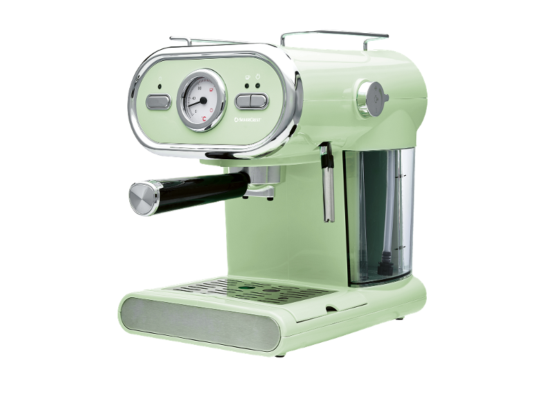 Light green espresso machine with a temperature gauge and buttons on a black background.