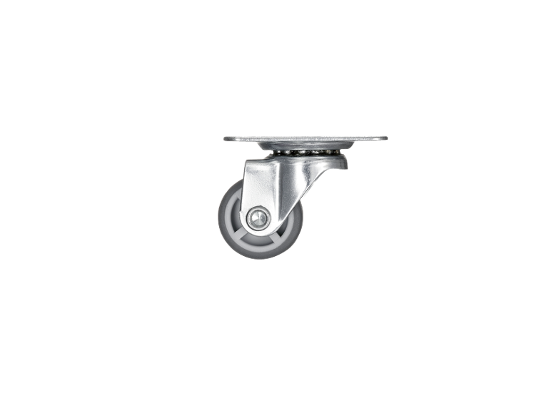 Metal swivel caster with a grey wheel on a black background.