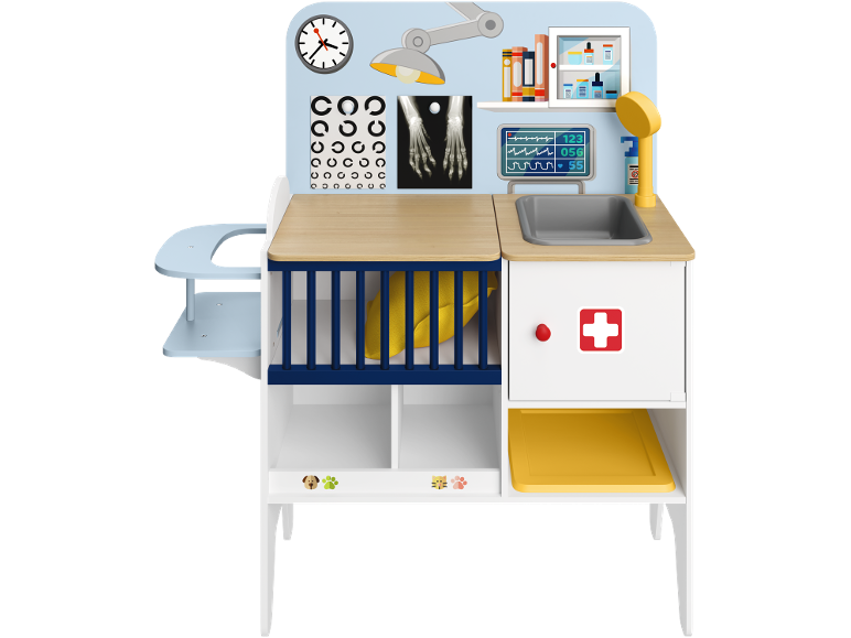 Veterinary clinic play set with sink, X-ray, and medical supplies.
