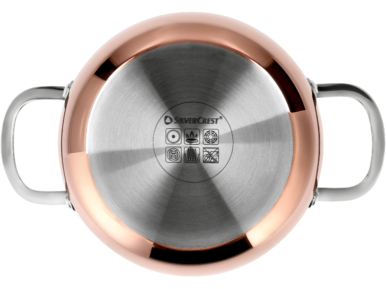 Copper pot bottom with induction base and hob compatibility symbols.