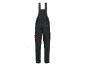 Black work overalls with red accents and multiple pockets.