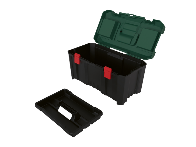 Open black toolbox with a green lid and red latches, with a separate tray.