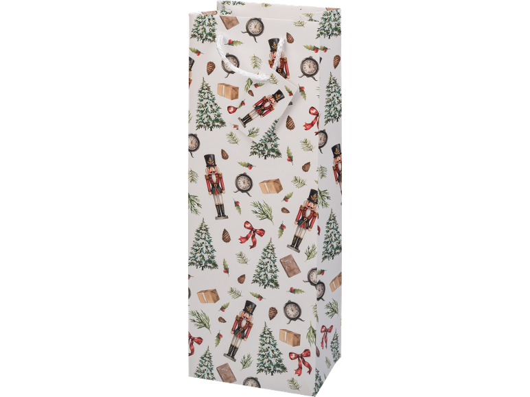 Christmas gift bag with nutcrackers, Christmas trees, and clocks.