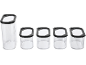 Five clear, rectangular food storage containers with black lids, in various sizes.