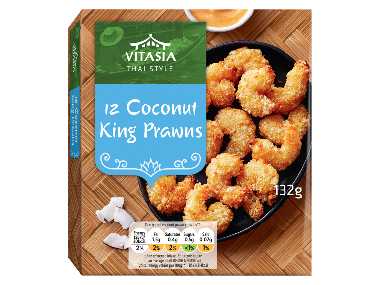 Box of 12 coconut king prawns with nutritional information and a bowl of sauce.