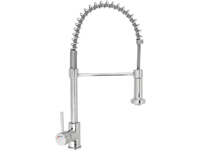 Chrome kitchen faucet with pull-down spray and spring, featuring a side control lever.