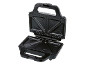 Open black sandwich maker with two triangular indentations.