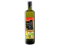 Bottle of extra virgin olive oil with a label showing olives and a small bottle of oil, 750 ml.