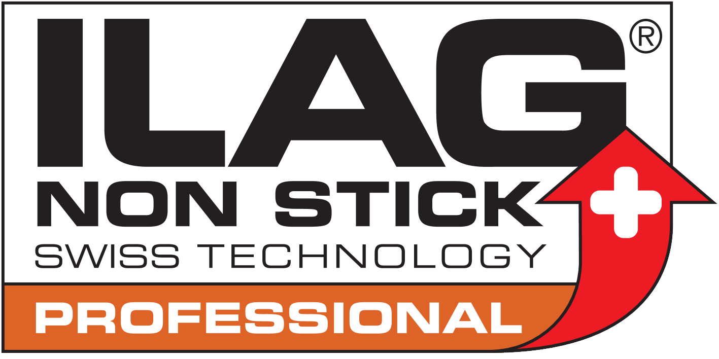 ILAG NON STICK SWISS TECHNOLOGY PROFESSIONAL seal with red arrow and white cross.
