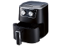Black air fryer with silver accents, temperature and timer dials, and an open basket.
