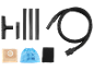 Vacuum cleaner accessories: hose, nozzles, extension tubes, paper and textile bag, and filter.
