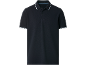 Dark blue men's polo shirt with striped collar and cuffs in white and light blue.