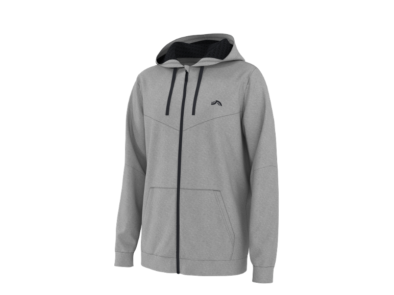 Grey men's zip-up hoodie with a hood and black drawstrings.