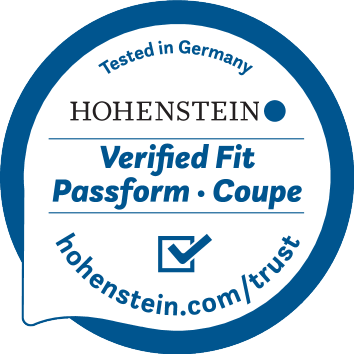 Verified fit seal: Tested in Germany, Verified Fit, Passform, Coupe.
