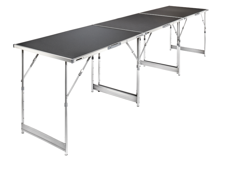 Long folding table with a black surface and silver aluminum frame.