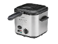 Stainless steel deep fryer with black lid, handle, and control panel