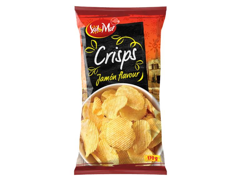 Crisps with jamón flavour in a red and black bag, with a bowl of crisps.