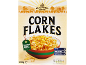 Corn Flakes cereal box with a bowl of corn flakes, stating 'No Added Sugar' and nutritional benefits.