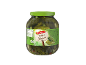 Large jar of pickled gherkins, with a green lid and labels with nutritional information and recycling instructions.