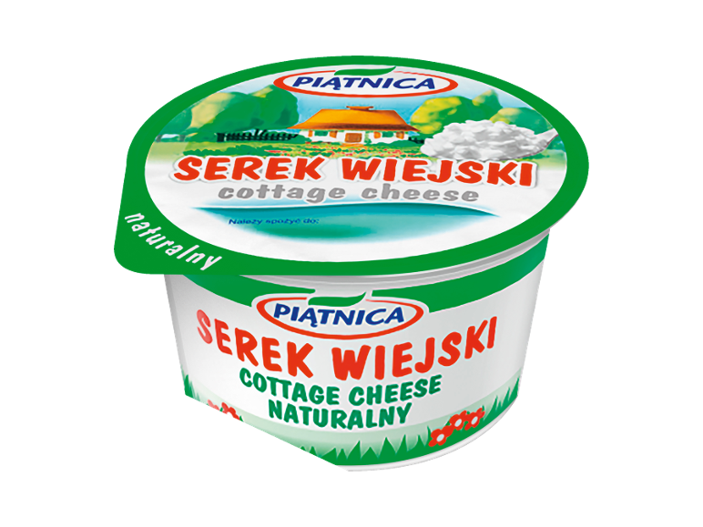 White cottage cheese cup with 'Serek Wiejski cottage cheese naturalny' text and a farmhouse image.
