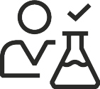 Icon of a person and a laboratory flask with a checkmark.