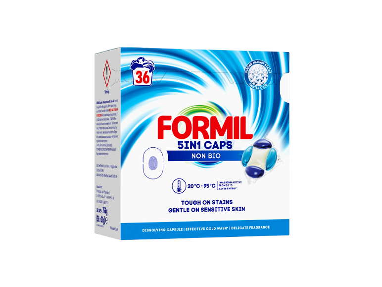 Laundry detergent capsule pack with 36 capsules, strong against stains and gentle on sensitive skin.