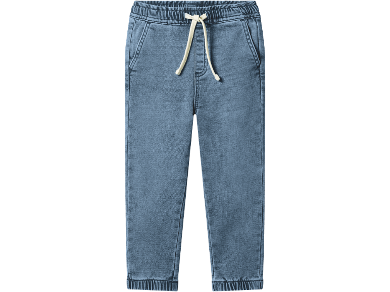 Blue denim joggers with an elastic waistband and drawstring