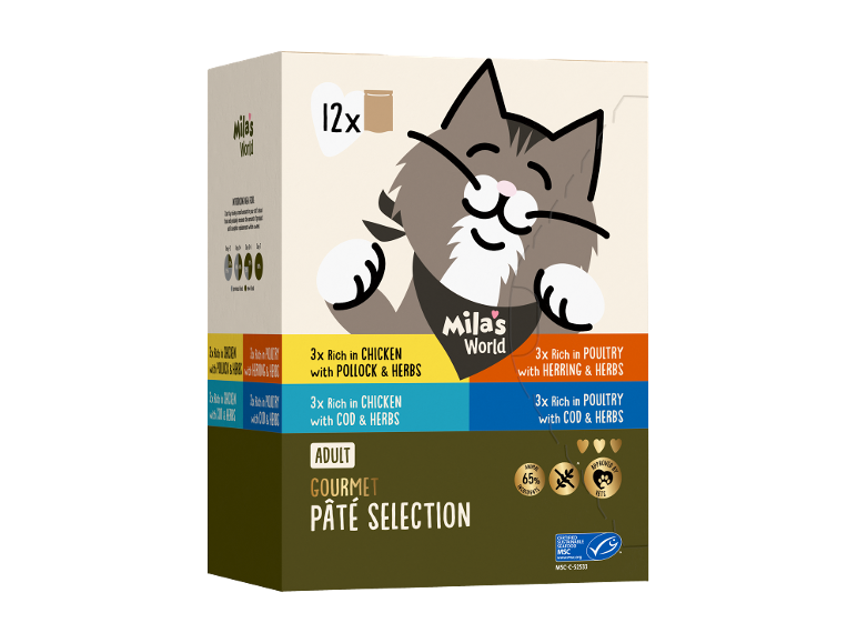 Cat food package with 12 portions, featuring chicken and poultry pâtés with fish and herbs.
