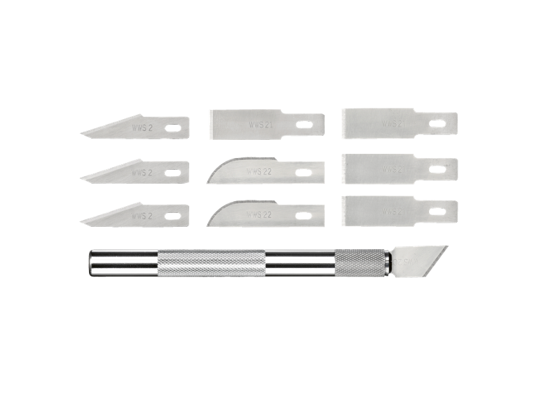 Set of 9 craft knife replacement blades and one handle, marked WWS 2, WWS 21, WWS 22.