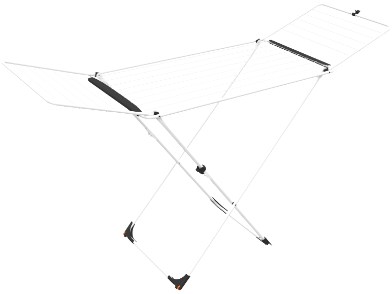White foldable clothes drying rack with black and orange details