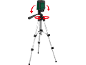 Laser level on a tripod with red arrows indicating rotation.