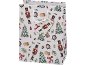 White Christmas gift bag with nutcrackers, Christmas trees, and clocks.