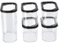 Three clear food containers with black lids, two of which are stacked.