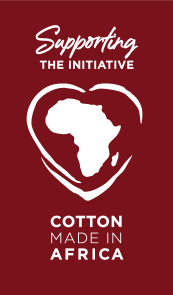 Seal: Supporting the initiative, Cotton made in Africa, with a map of Africa in a heart.