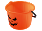 Orange Halloween bucket with a carved pumpkin face and a black handle.