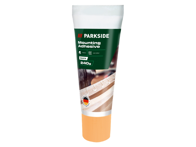 White 240g mounting adhesive for interior use, low-odour, made in Germany.